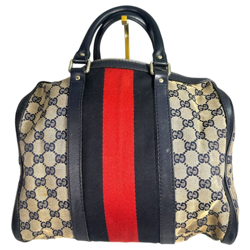 Gucci Vintage Web Boston GG Canvas Navy Red Satchel Medium - FLAWS READ - Picture 11 of 13